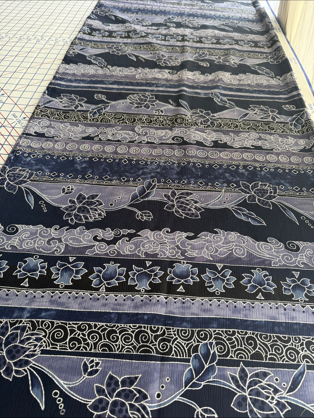 Vintage 1980s Crinkle Crepe Fabric Asian Floral Stripe Black Blue 3 1/3 Yds - Picture 4 of 13